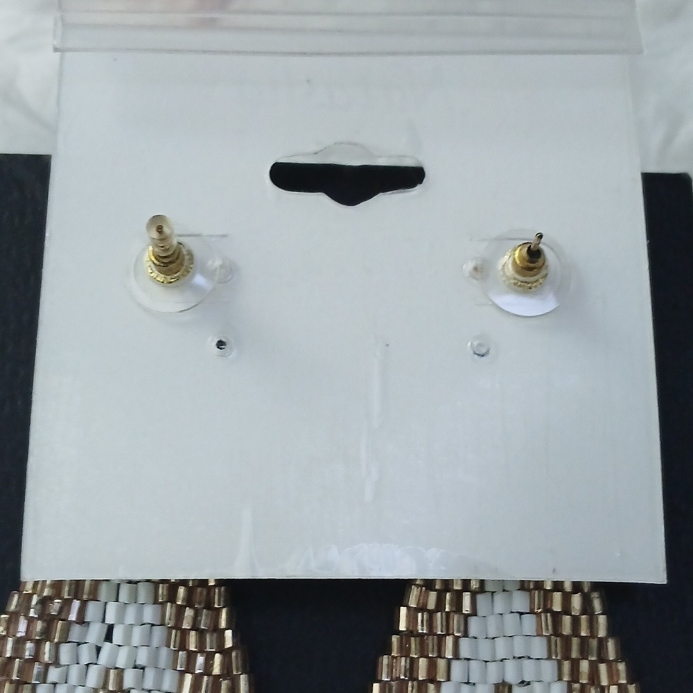 Natasha Couture Gold White Beaded Fringe Boho Festival Sexy Statement Earrings - Picture 6 of 13